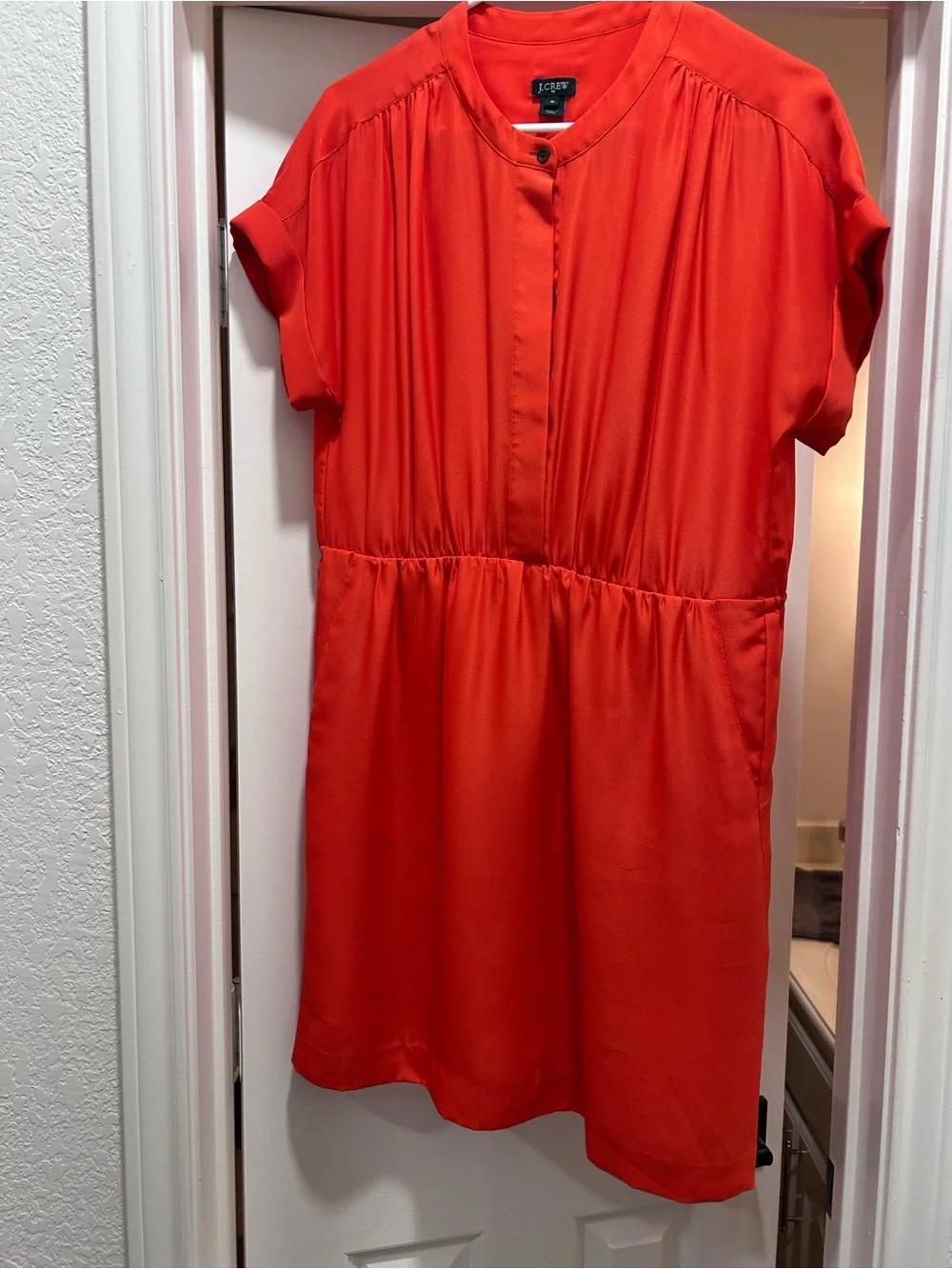 J. Crew Orange/Red Short-Sleeve Gathered Waist Dress